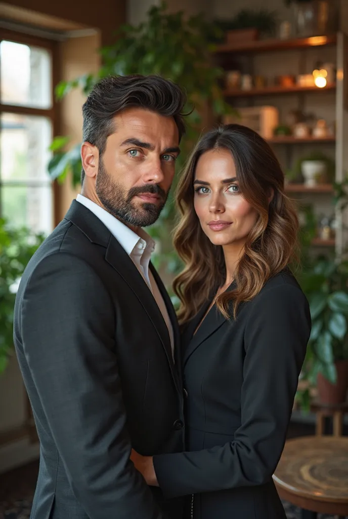 a highly realistic photo of a couple (man and woman). Both are very attractive. The man is 45 years old, with thick short dark hair, vibrant blue eyes, a mix of European and Turkish features, and a beard. He is dressed in an expensive classic suit. The wom...