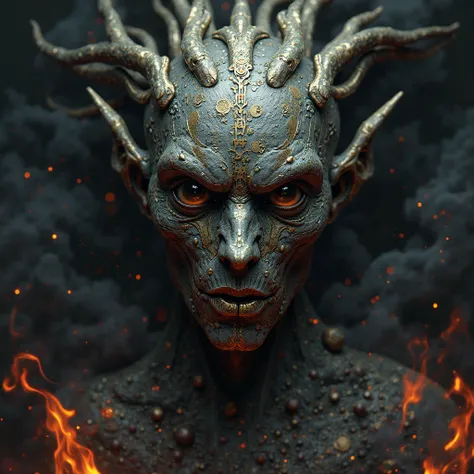 create a face of a strange creature with large eyes, a metallic mouth and a metallic nose, volcanic skin with runes and with metallic hair. It is surrounded by black flames