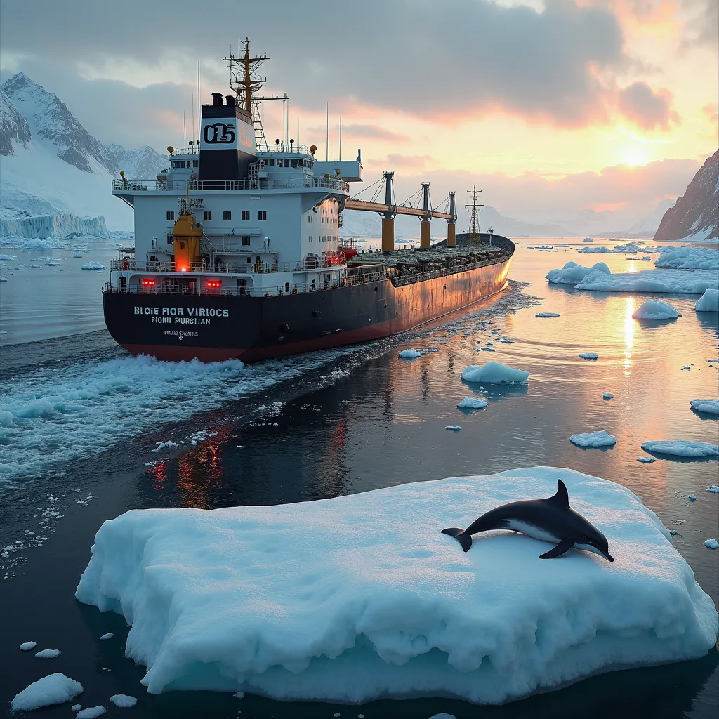 Create a professional photography image of an excursion on an oil tanker bound for Antarctica. As the massive ship slowly crosses the continent, navigating carefully to avoid colliding with towering icebergs, the scene is filled with awe-inspiring sights. ...