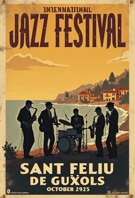 "Vintage retro-style poster for the XXV International Jazz Festival in the coastal village of Sant Feliu de Guíxols - October 1925. The design features rich, warm colors of deep browns, mustard yellows, and jazz-era golds, accented by a faded sepia tone th...