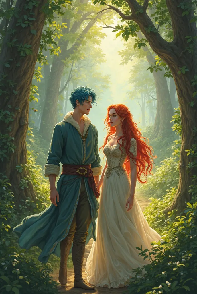 a man with blue hair and green eyes with short hair, next to a woman with red hair and green eyes walking in a forest in medieval times