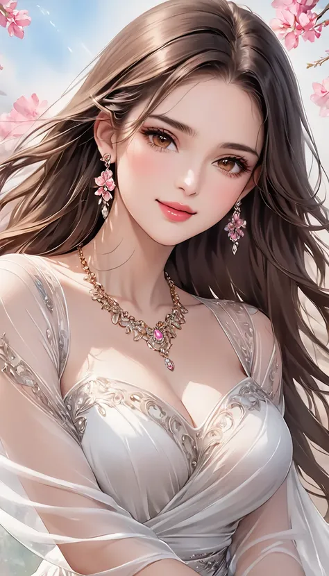 (masterpiece,  high image quality , high image quality, 8k,  Highest quality),  A fusion of watercolor and oil painting ,  One Young and Beautiful Woman, Brown-black long hair ,  beautiful brown eyes, pink lips, perfect style, Perfect face ,  moderate brea...