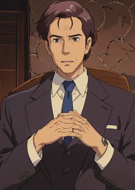 a close up of a man in a suit and tie with his hands folded, miura kentaro style, hijikata toushirou, hideaki anno anime, in the anime film, anime handsome man, joe biden as an anime villain, style of madhouse anime, kentaro miura style, in an anime, miura...