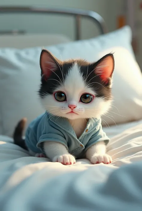 A fluffy white and black kitten in casual clothes laying on the hospital, in the hospital bed, crying