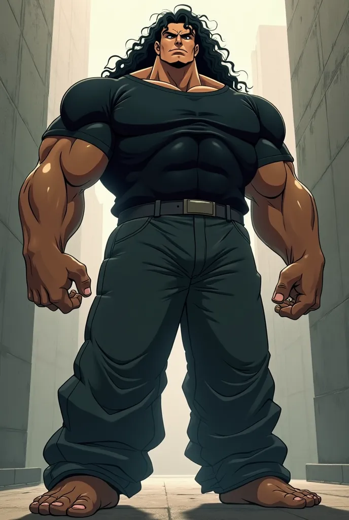 90s style anime man 7 feet tall black thick curly long hair mascular really wide shoulders narrow waist black emotionless eyes vintage black t shirt baggy pants 