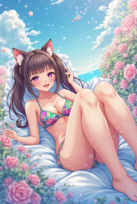 Create an image of mitsi nohara wearing bikini sitting in cat pose