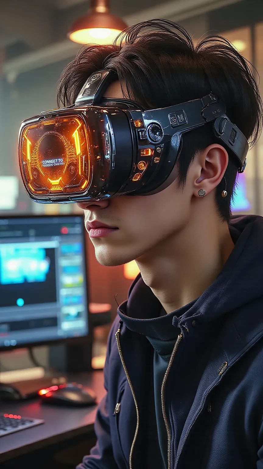 A very detailed and surreal portrait of a young Korean man wearing a futuristic VR headset. His eyes glow with the light of the digital interface. The background is a game development studio, and he is sitting in a company office chair, logging into the ga...