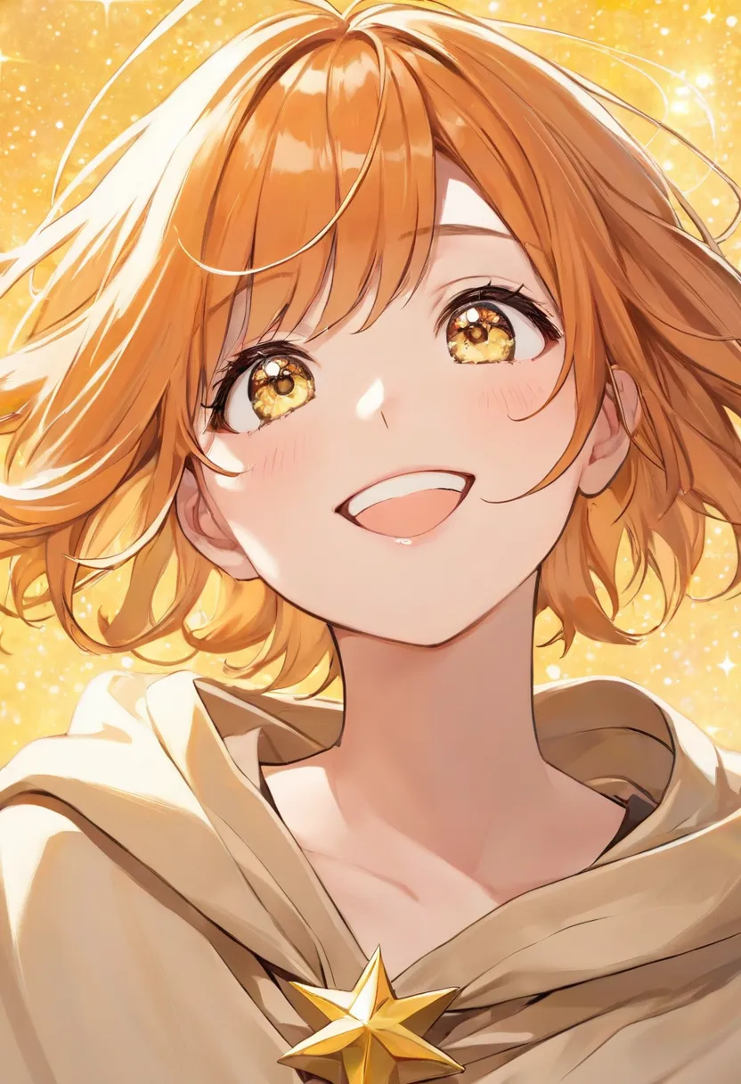  cool adult woman , short orange hair and yellow eyes、pure smile looking up、face close-up、I'm wearing a beige cloak、yellow sparkling starry sky background