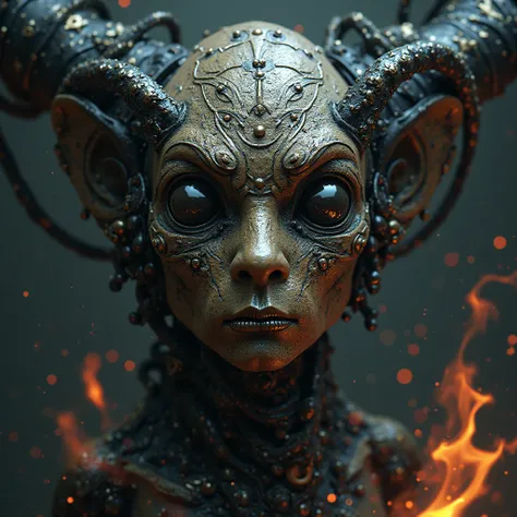 create a face of a strange creature with large eyes, a metallic mouth and a metallic nose, volcanic skin with runes and with metallic hair. It is surrounded by black flames