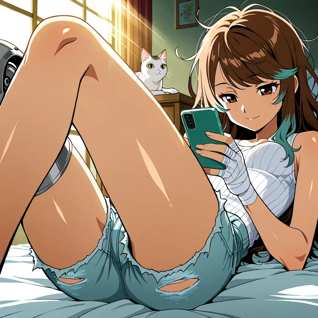 Masterpiece, best quality, amazing quality, close up, solo, laying down on back, slight smile, looking at phone, prosthetic right leg, thin thighs. thin legs, brown eyes, messy hair, very long brown hair with teal highlights, white tank top, bandaged hands...