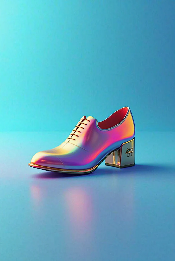 Generate a professional 3d logo on a blue background with a multicolored shoe. It is written on the bottom of the shoe : Service MODEL avec une couleur de l'or.