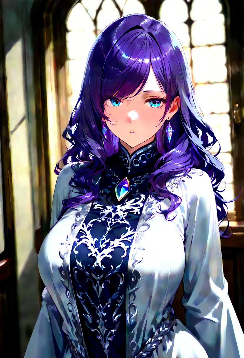 From front,high quality,ultra-detailed,8K,detailed eyes,sharp focus,masterpiece,female,solo,Mage, Long, wavy hair with side-swept bangs, Deep purple hair, Bright blue eye, Black and silver-embroidered robe,mysterious