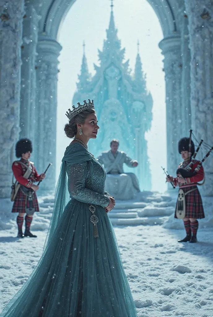 In the foreground is the queen ,The environment is very cold ,Almost icy , An Escoses jumps in Elbaire playing the bagpipe ,Next to Labreine's throne they play the drums 