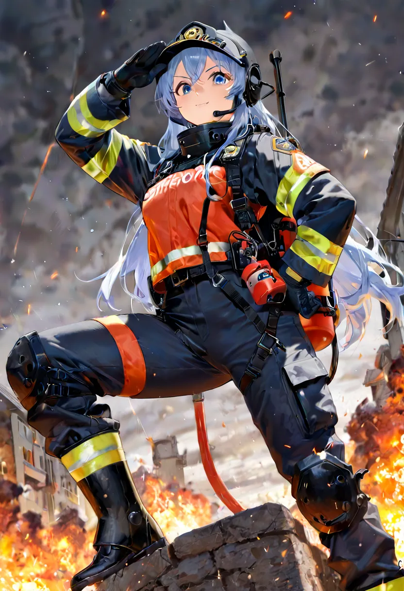 (A Hero Landing,firefighter doing A Hero Landing posing:1.1),Firefighter are the heroes of the town. As soon as the firefighter arrive at the fire scene, (firefighter strike a brilliant A Hero Landing pose.:1.1) , (best quality and masterpiece and absolute...