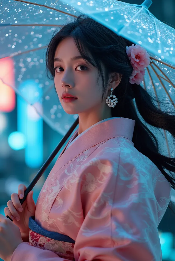 A Japanese beauty in exquisite furisode kimono stands before modern city glass facades, traditional silk embroidered with crane and cherry blossom patterns refracts neon gradient lights. Holographic ukiyo-e wave projections blend with technological ambianc...