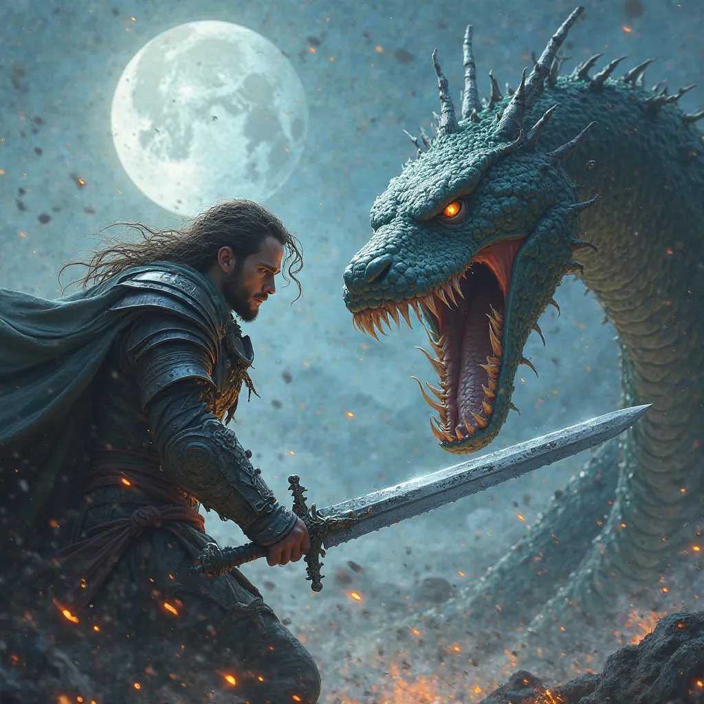 A warrior locked in battle with a monstrous serpent, its scales shimmering like liquid metal under the moonlight