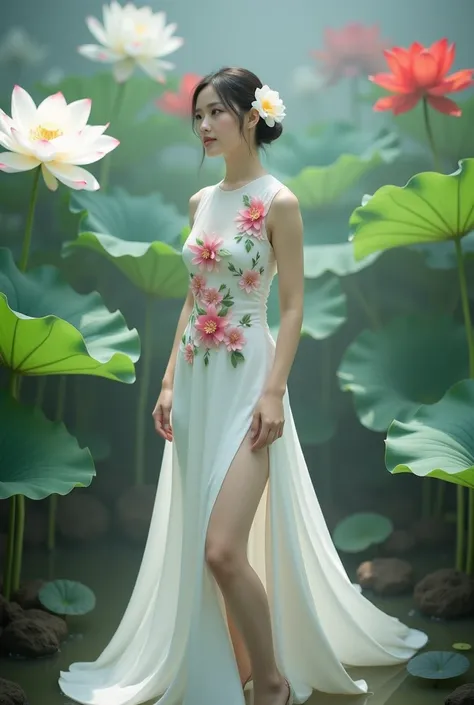 a woman in an elegant, flowing white gown adorned with floral designs. She is standing in a serene environment surrounded by large lotus flowers in various colors, including white and red, along with broad green leaves. The setting resembles a tranquil gar...