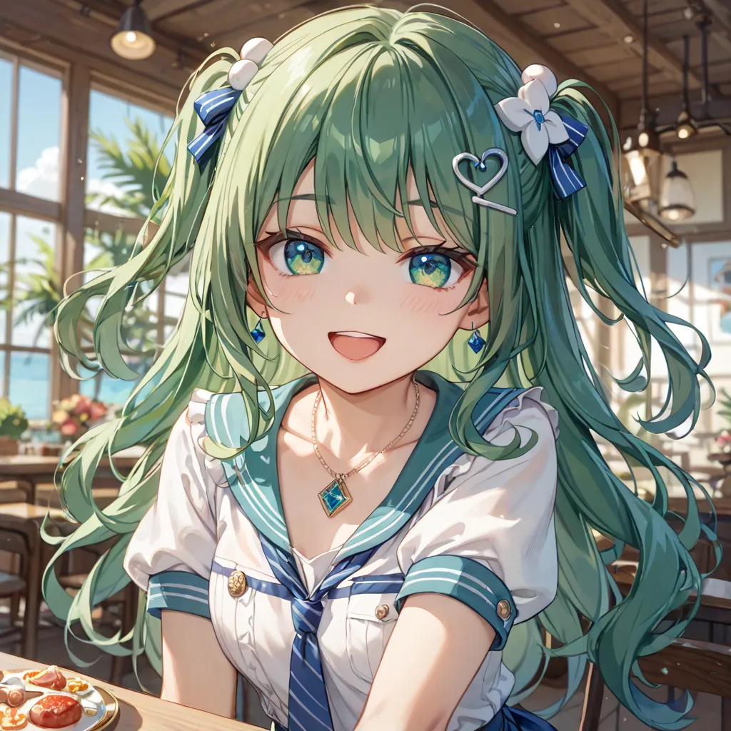 dark green hair、long hair、 eye larger、Keep the outer corner of your eye high 、lashes slightly longer、Small nose、Open your mouth slightly、smile、18 years old、Lean forward、Short sleeve、the top of the chest is exposed、 pendant、small hair ornament