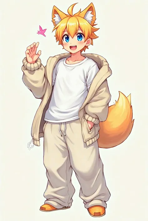 Anime guy, blond hair, whit shirt, baggy sweat pants, blue eyes, furry,