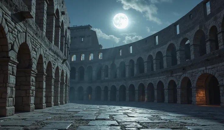 "A peaceful nighttime scene inside the Colosseum, with moonlight casting long shadows over the grand arena. The echoes of history fill the air, bringing a sense of mystery and serenity."