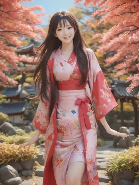 (Outdoors、日本garden園、garden、autumn、Maple)、(look away:1.3、 squint and smile、 big smile)、(realistic、as shown in the picture、live action、8k, realistic, RAW photo, Highest quality: 1.4),  SLR camera 、RAW photo, Highest quality, realistic,  detailed CG Unity 8K ...