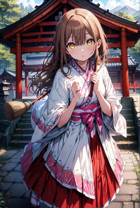  score_9,  score_8_up,  score_7_up,  source_anime, Hanamaru Kunikida,  long hair, bangs, brown hair, yellow eyes all the way to the tip, shrine maiden costume, white kimono , white socks,Sandals,Red Hakama,holding the broom grip with both hands,I'm cleanin...