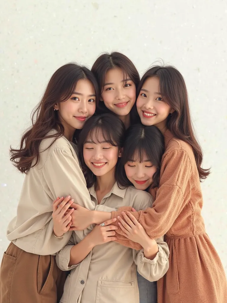 Create a picture of 5 Korean idols standing together hugging on a white background.5person