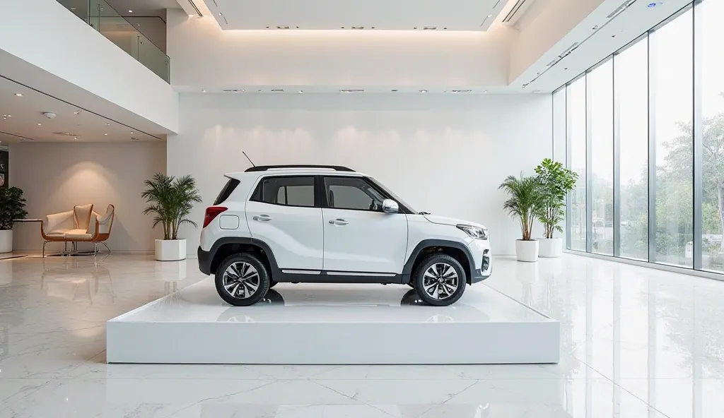 
"Create a stunning, high-resolution image of the 2025 Maruti Suzuki K10 showcased in a luxurious, sleek, and modern white showroom. The car should be the centerpiece, gleaming in its pristine white color, with a flawless finish that reflects the showroom'...