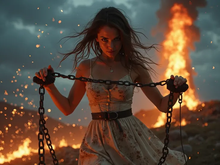 A hyper-realistic, cinematic depiction of 'I Want to Break Free.' A stunning young Caucasian woman with fierce, determined eyes shatters heavy iron shackles binding her wrists. Strands of her windswept hair frame her face, drenched in sweat and moonlight. ...