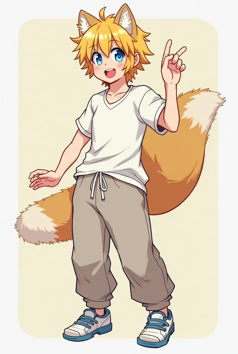 Anime guy, blond hair, whit shirt, baggy sweat pants, blue eyes, furry,