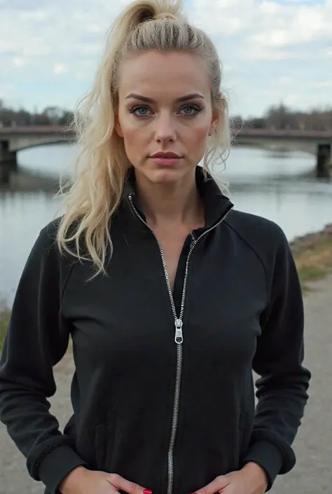 The image shows a woman with light blonde hair styled in an high ponytail, with some loose curls framing her face. She has striking blue eyes, well-defined eyebrows, and wears dark eye makeup,She is dressed in a black quarter zip-up sweatshirt with a high ...