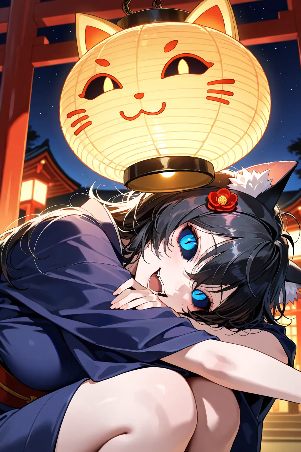 woman focus, upper body focus, solo divine goddess woman, curvy body, messy hair, black hair, cat ear fluff, slit pupils, dark-blue sclera, Japan motif  divine Wafuku fashion, :3, cat shaped lantern, rest, laughing, crazy eyes, happy, feet out of frame, le...