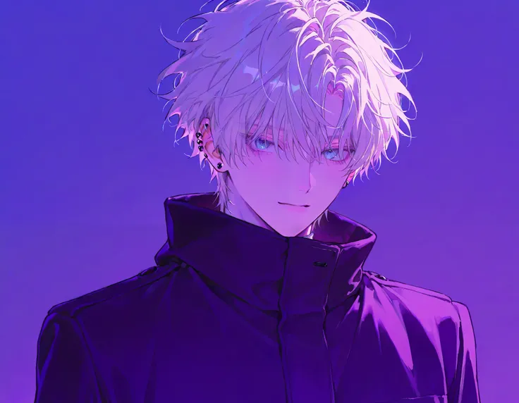 1 male,  boy， nice face , short hair， Light Hair ，Messy Hair，Bangs,  Blue Eyes  , coat, upper body , Ear piercing，purple theme