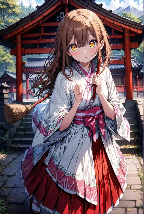  score_9,  score_8_up,  score_7_up,  source_anime, Hanamaru Kunikida,  long hair, bangs, brown hair, yellow eyes all the way to the tip, shrine maiden costume, white kimono , white socks,Sandals,Red Hakama,holding the broom grip with both hands,I'm cleanin...