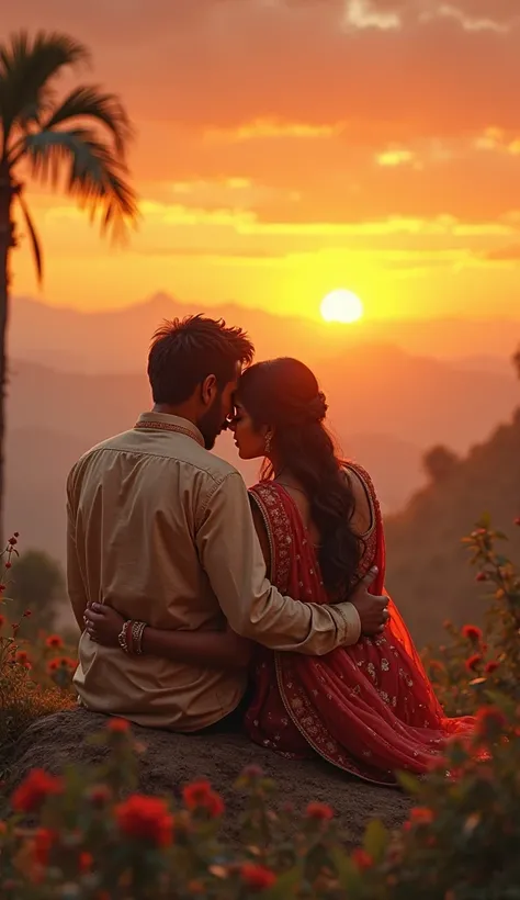 Lovers sitting with sunset india 