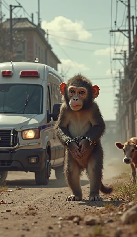 A police van driving away, with the monkey inside, handcuffed and looking regretful. The cow watches from a distance as the vehicle moves toward a large prison in the background.