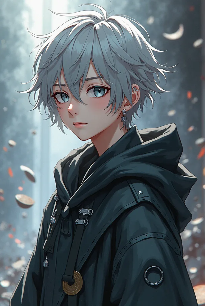 Silver Hair（Medium-length hair）Gray eyes ，Young male，Thick coating style ，  anime characters