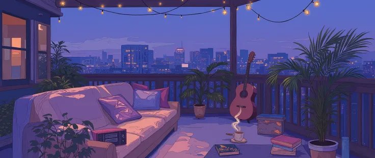 Rooftop at night、nighttime scene、outside of house、with no people、Calm and meditative atmosphere、houseplant、Lo-fi atmosphere、String Light、Cozy sofa、Pink radio with retro design、Hot coffee on the coffee table、Warm blanket、 books、There is an acoustic guitar、