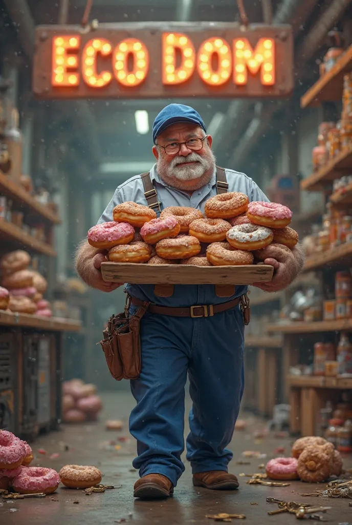 Mr plumber has a lot of donuts on his hands on Fat Thursday, there are keys on the floor and a large EcoDom sign on the wall