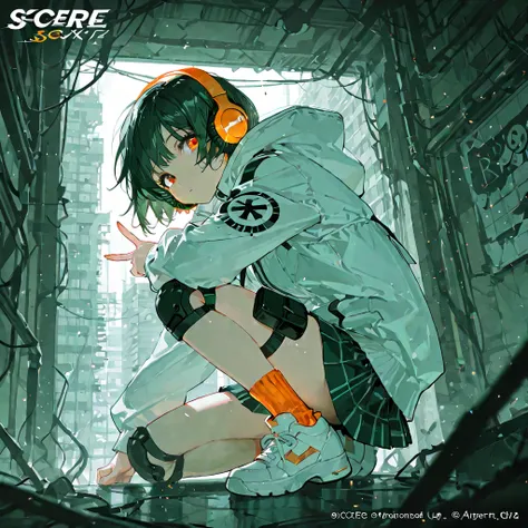 score_9, score_8_up , score_7_up , score_6_up , score_5_up , score_4_up ,4K,8k, 1girl  ,oversized hooded white down jacket,dark green short cut hair, orange headphones, extreme close up ,ruby eyes, miniskirt,black thigh and knee pouch,orange ankle length s...