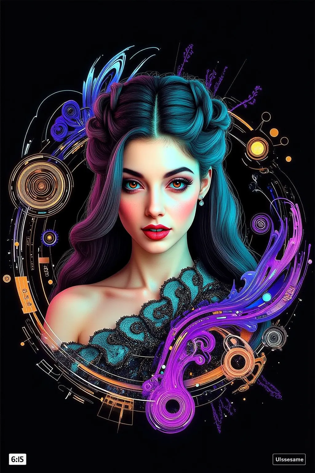 Take this image and multiply the number of swirl lines around the girl, while infusing lots of vibrant neon bioluminescent colors in the swirls as well. Make her mermaid gown highly reflective, mirror like, so all the light hits it, and reverberates it int...