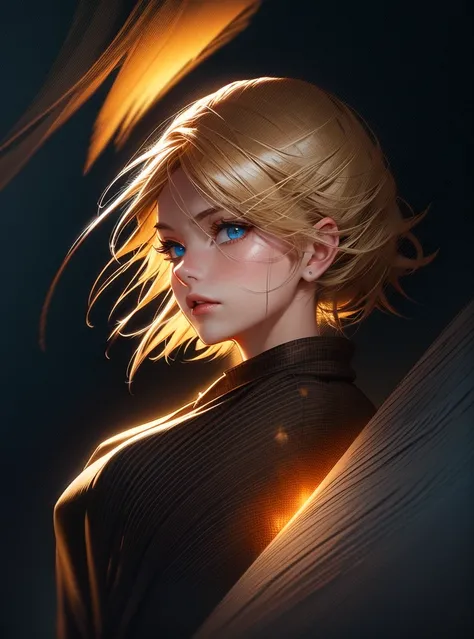 "A young woman with short tousled blonde hair stands in complete darkness, her arm outstretched forward. A soft radiant glow emanates from her palm, illuminating her determined face and casting long shadows. Mystical particles of light float around her han...