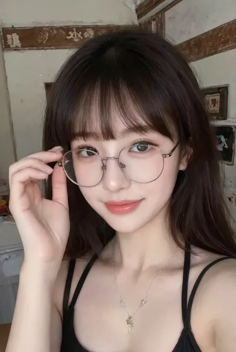 a photo taken with a standard Android phone of an chinese girl of a traditional Javanese house. she is taking selfie. (glasses, bangs , smile , adjusting side hair pose, necklaces, tanktop, no makeup ) . The image has natural lighting, slightly uneven expo...