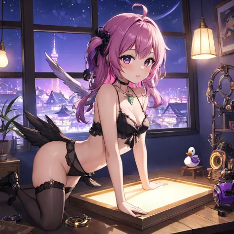 view,Succubus Bedroom,pink,black,purple,duck,Table in Front,window,Beautiful lights.,cute,Girl's Hanger,duckมากมายความละเอียดสูง, precise, Mechanical Light,  Details, high resolution model,  Detailsมาก, High Resolution,  at night, Gamer, Vtuber, Anime, no ...