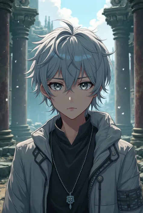 Silver Hair（Medium-length hair）Gray eyes ，Young male，Thick coating style ，  anime characters，antiquity