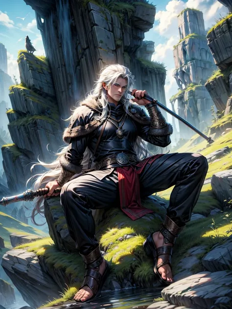 God Odin viking sitting on rock, very long hair, huge breasts, baton, fur suit. fantasy art. mountains