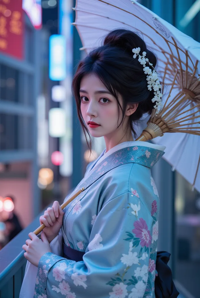 A Japanese beauty in exquisite furisode kimono stands before modern city glass facades, traditional silk embroidered with crane and cherry blossom patterns refracts neon gradient lights. Holographic ukiyo-e wave projections blend with technological ambianc...