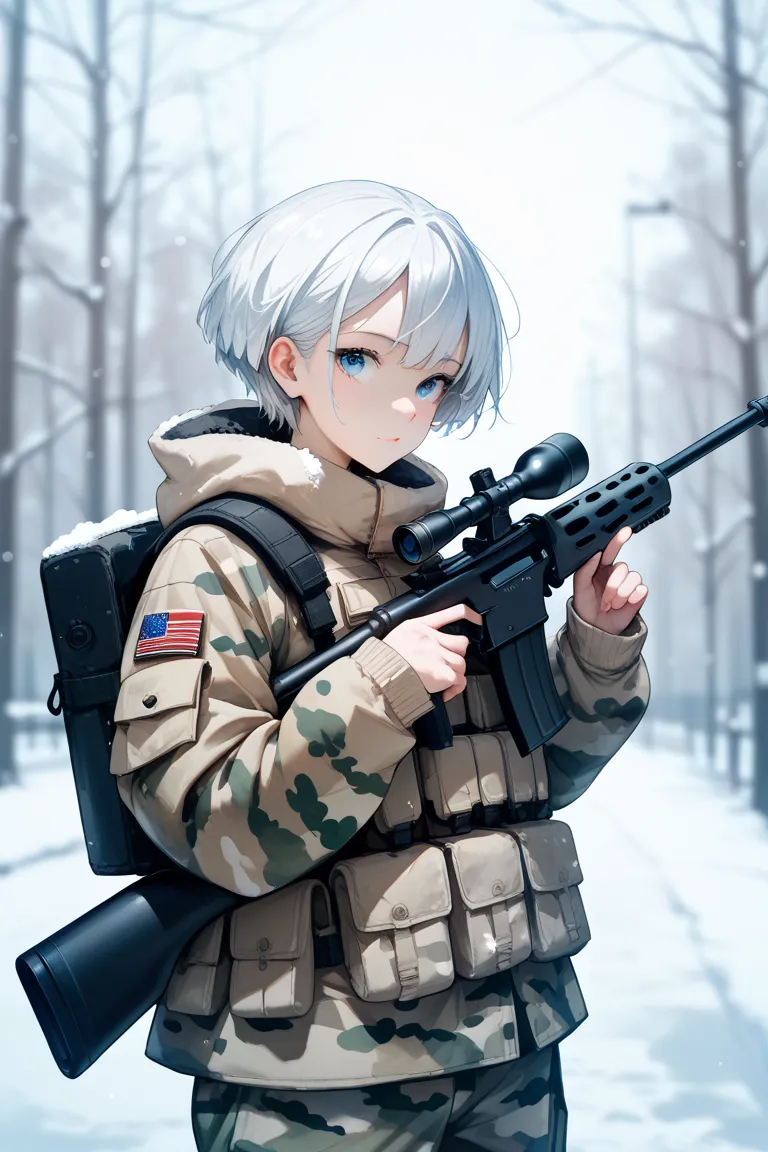  Solo, a japanese young biy, white short hair, winter, destructed city, Blue eyes, Hood, Depth Of Field, anime style, White camo military uniform, carrying sniper rifle, High Resolution, High Quality, HD, 