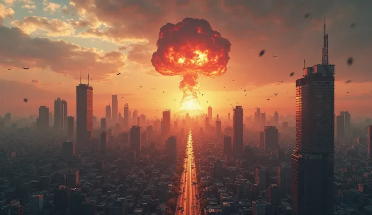 Concept art of a modern city experiencing a limited nuclear strike. The image focuses on a localized explosion with a brief, small mushroom cloud above one district, while the rest of the city remains largely intact with subtle signs of conflict. The overa...