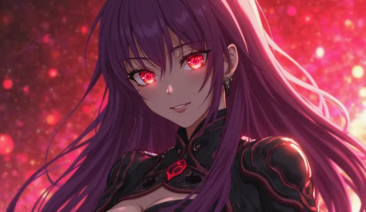 2D anime woman,  crimson eyes, long crimson and purple hair, black and purple armor, Fate Grand Order, 2D animation and anime style, good physique, anime de fate Grand order, Scathach, long hair, for the red, (red eyes:1.5)